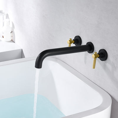 SUMERAIN Wall Mount Bathtub Faucet Set Long Spout Tub Filler High Flow Rate Black and Gold Finish