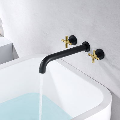 SUMERAIN Wall Mount Tub Faucet with 2 Cross Handles Black and Gold, Long Spout Reach High Flow