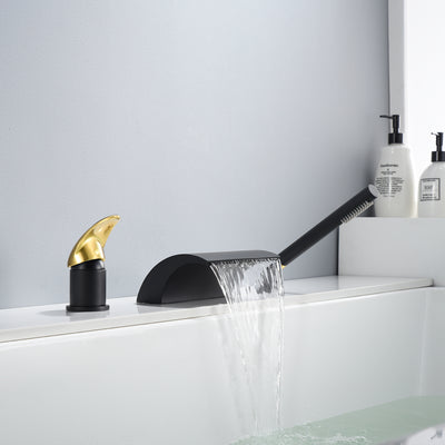 SUMERAIN Waterfall Roman Tub Faucet Deck Mount Bathtub Faucet Brass Tub Filler with Hand Shower, Black and Gold Finish