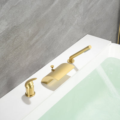 Sumerain Torneira para banheira romana com 3 furos e chuveiro de mão, alça única de alto fluxo e enchimento de banheira em cascata com acabamento em ouro escovado