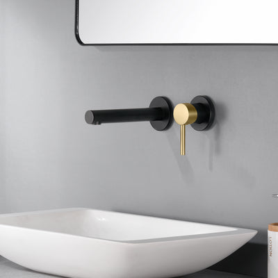 SUMERAIN Wandmontierter Waschbecken-Wasserhahn in Schwarz und Gold, WC-Wasserhahn mit Einzelgriff und rauem Ventil