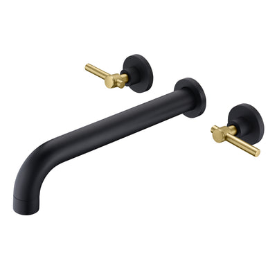 SUMERAIN Wall Mount Bathtub Faucet Set Long Spout Tub Filler High Flow Rate Black and Gold Finish