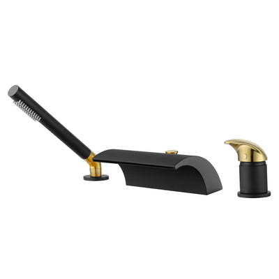 SUMERAIN Waterfall Roman Tub Faucet Deck Mount Bathtub Faucet Brass Tub Filler with Hand Shower, Black and Gold Finish