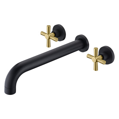 SUMERAIN Grifo para bañera de montaje en pared con 2 manijas cruzadas negro y dorado, caño largo de alto flujo