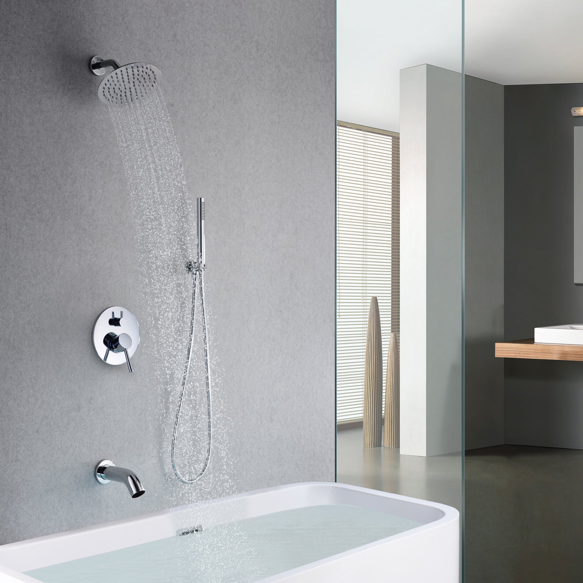 Brushed Nickel Shower System with Waterfall Tub Spout and handshower ...