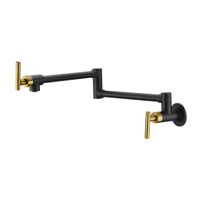 SUMERAIN Pot Filler Faucet Wall Mount Kitchen Faucet Black and Gold Double Joint Swing Arms, Two Handle