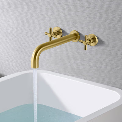 SUMERAIN Grifo para bañera de montaje en pared, grifo para bañera de alto flujo, oro cepillado con válvula áspera, dos manijas cruzadas