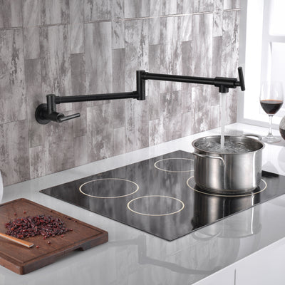 sumerain Matte Black Pot Filler Faucet Wall Mount Folding Kitchen Faucet Double Joint Swing Arm