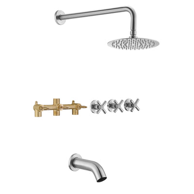 Triple Handle Brushed Nickel Tub and Shower Faucet Set with Valve and Waterfall Tub Spout
