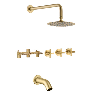 Conjunto de banheira de ouro escovado com 3 alças e torneira de chuveiro com bico de banheira em cascata