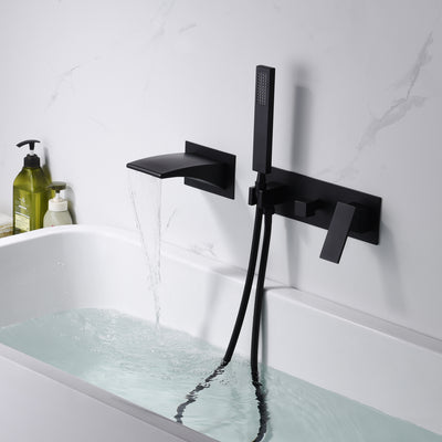 Torneiras pretas foscas para banheira de montagem em parede, bico de enchimento de banheira em cascata com chuveiro de mão