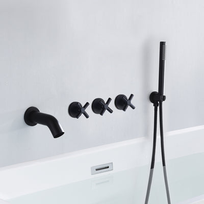 Robinet de baignoire mural avec douchette à main, robinet de baignoire-douche à 3 poignées noir mat