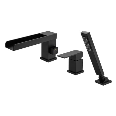 SUMERAIN 3 Hole Black Waterfall Roman Tub Faucet, Deck Mount Tub Filler with Hand Shower