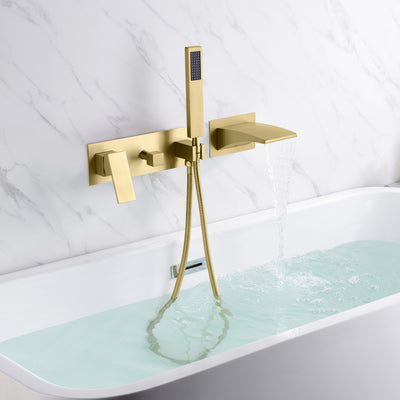 sumerain Wall Mount Bathtub Faucet with Hand Shower, Waterfall Tub Faucet Brushed Gold, Left-Handed Faucet