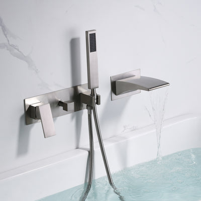 sumerain Wall Mount Tub Faucet Brushed Nickel Waterfall Bathtub Faucet with Hand Shower Left-Handed Faucet
