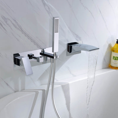 sumerain Wall Mount Tub Faucet with Hand Shower, Waterfall Bathtub Faucet Chrome Finish Left-handed Faucet