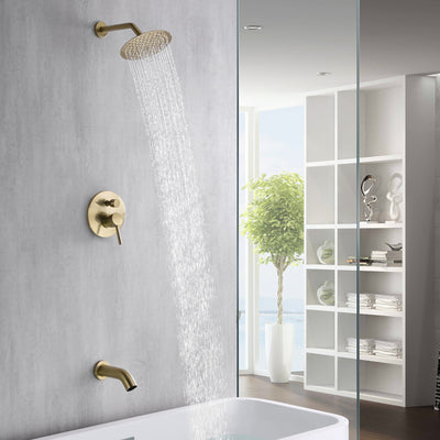 Conjunto de torneira de chuveiro e banheira com equilíbrio de pressão em ouro escovado com bico de banheira