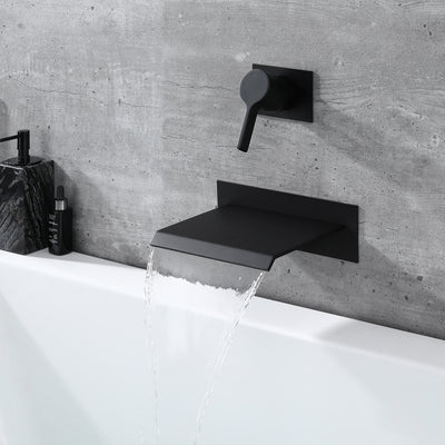 Sumerain Relleno para bañera de montaje en pared en cascada, negro mate con válvula, manija única, latón, alto caudal, S2140DW