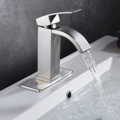 Bathroom Faucet Waterfall, Brushed Nickel Sink Faucet with 4 Inch Escutcheon