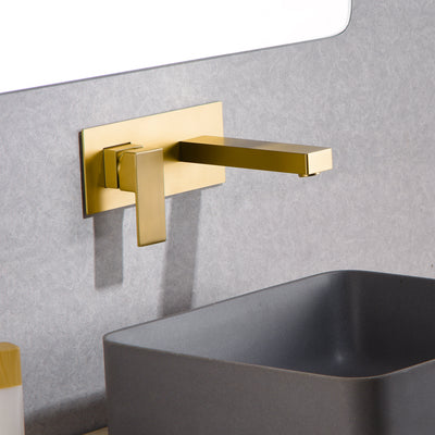 Sumerain, rubinetto per lavabo da bagno con montaggio a parete, oro spazzolato e valvola ruvida inclusa, maniglia singola per mancini