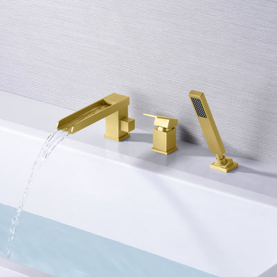 Grifo para bañera romana en cascada de oro cepillado de 3 orificios con ducha de mano y válvula