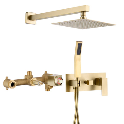 Sistema de ducha de lluvia de oro cepillado con ducha de mano y válvula mezcladora de ducha con equilibrio de presión