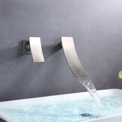 sumerain Grifo de baño de cascada de níquel cepillado, grifo de lavabo de montaje en pared, diseño para zurdos