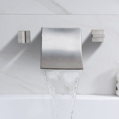 Llenador de bañera de montaje en pared, grifo de bañera en cascada de níquel cepillado, alto flujo
