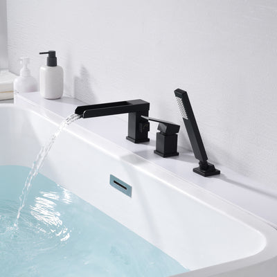 SUMERAIN Grifo para bañera romano con cascada negra de 3 orificios, llenador para bañera con montaje en cubierta con ducha de mano