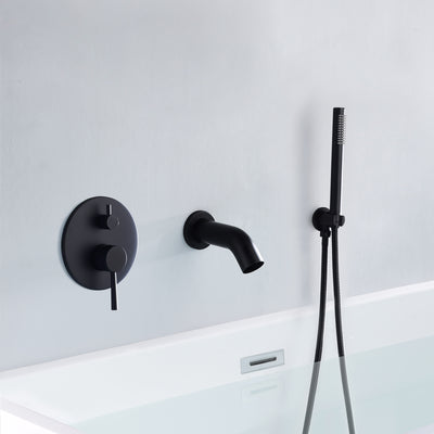 Rubinetto per vasca da bagno con montaggio a parete nero opaco con deviatore per doccetta, beccuccio a cascata