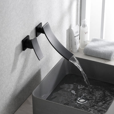 sumerain Wandmontage, schwarzer Badezimmer-Wasserhahn, Wasserfall-Wasserhahn für Badezimmer-Waschbecken, einzelner Linkshänder-Griff