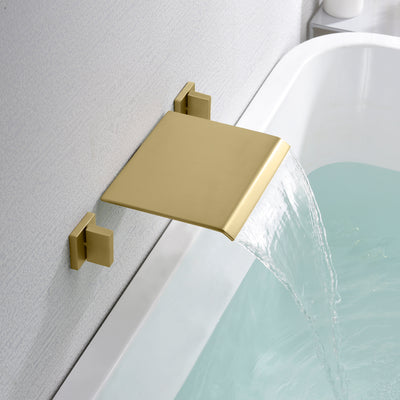 Grifo para bañera en cascada, montaje en pared, grifo para bañera con válvula, relleno para bañera de oro cepillado, 3 orificios, alto flujo