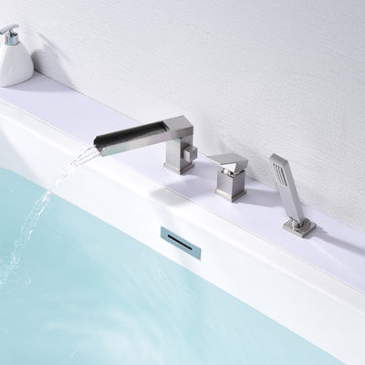 3 Holes Roman Tub Faucet with Sprayer Brushed Nickel Waterfall Tub Filler