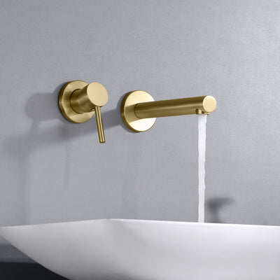sumerain Bathroom Faucet Wall Mount Left-Handed Single Handle Vanity Faucet Basin Faucet with Rough in Valve Included Brushed Gold