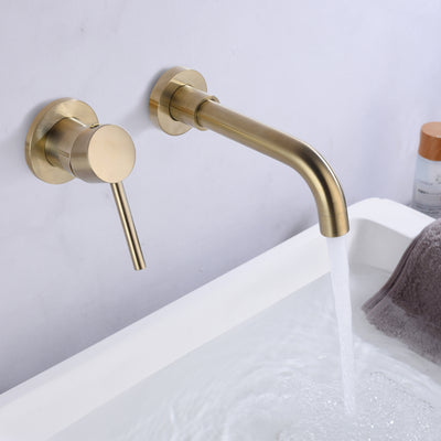 sumerain Wall Mount Bathroom Faucet Brushed Gold Lavatory Faucet, Single Left-Handed Handle