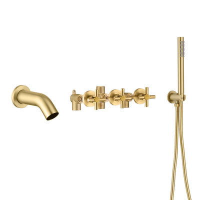Torneira para banheira com montagem em parede em cascata de ouro escovado com chuveiro de mão e válvula áspera