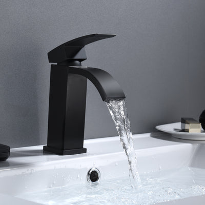 Mattschwarzer Badezimmer-Wasserhahn, Einloch-Wasserfall-Waschtischarmatur
