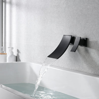 Mattle Black Wall Mount Tub Filler Faucet with Brass Rough-in Valve and Waterfall Spout