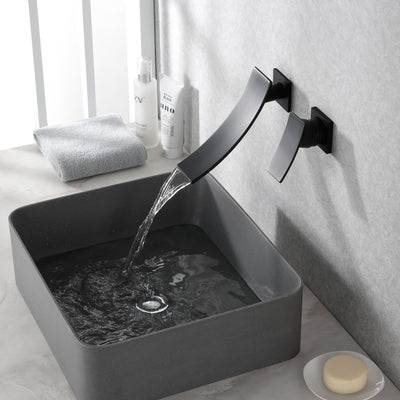 Grifo monomando para baño con montaje en pared en cascada, color negro mate, con válvula