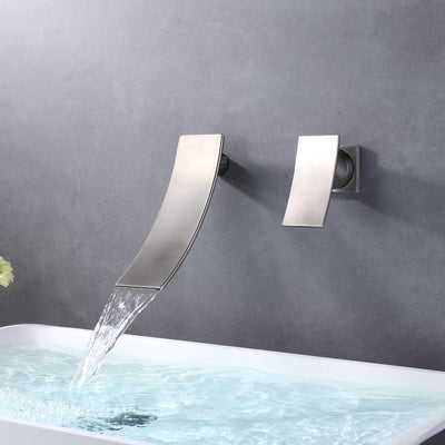 Grifo de montaje en pared de níquel cepillado, grifo monomando para lavabo de baño con caño en cascada