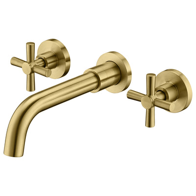 Brushed Gold Wall Mount Bathroom Faucet Two Cross Handles and Rough-in Valve Included