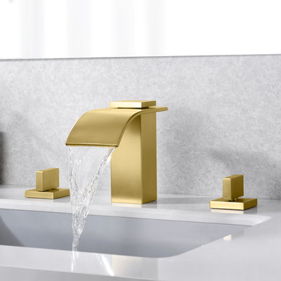 Brushed Gold Waterfall Bathroom Faucet 3 Hole 8 Inch Widespread