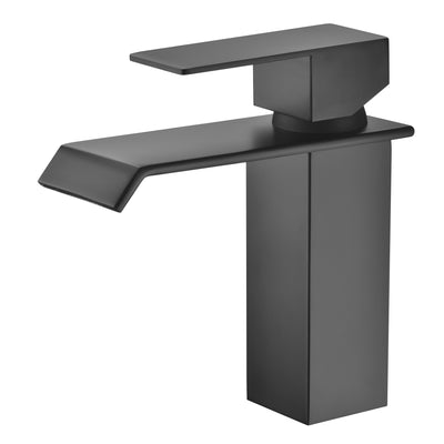 Grifo de baño en cascada negro con una sola manija y un solo orificio, diseño moderno
