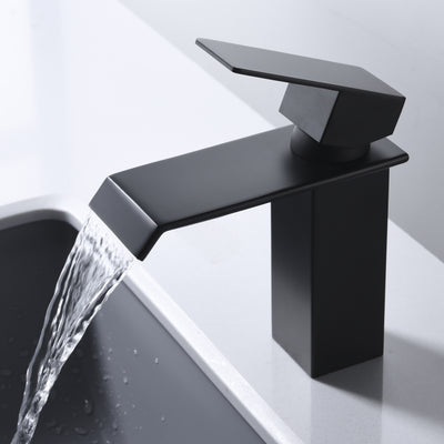 Robinet de salle de bain cascade noir monotrou à poignée unique, design moderne
