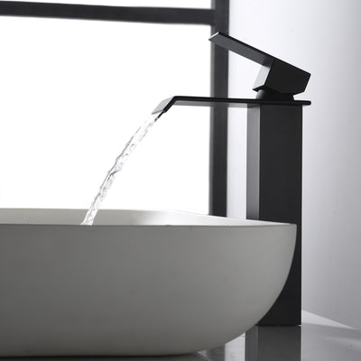 Grifo de baño negro mate de cascada de una sola manija, grifo de fregadero de recipiente de diseño moderno de un solo orificio