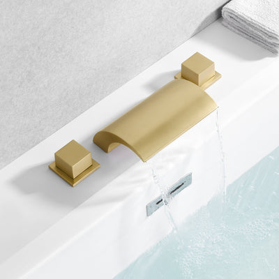 Torneira romana para banheira de banheiro com bico cascata, enchimento de banheira com 3 furos em ouro escovado