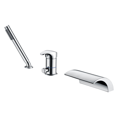 3 Hole Waterfall Roman Tub Faucet Deck Mount Bathtub Faucet with Hand Shower Chrome Finish