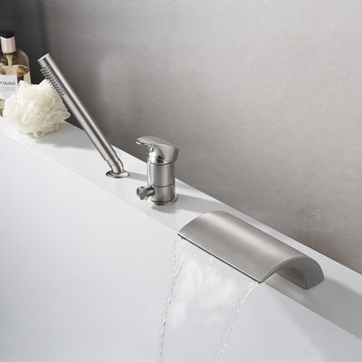 Single Hanle 3 Hole Deck Mount Roman Tub Faucet with Hand Shower Brushed Nickel