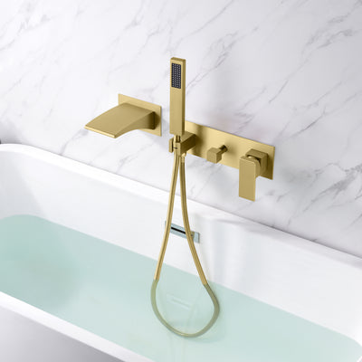 Brushed Gold Wall Mount Tub Faucet with Hand Shower, Waterfall Spout with Sprayer and Valve