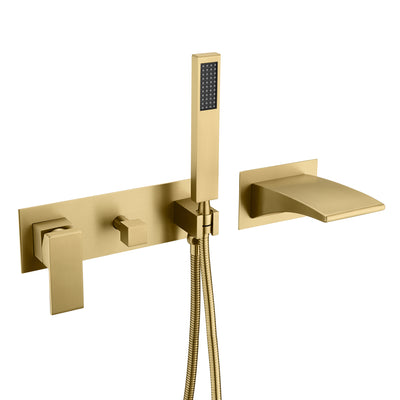 sumerain Wall Mount Bathtub Faucet with Hand Shower, Waterfall Tub Faucet Brushed Gold, Left-Handed Faucet